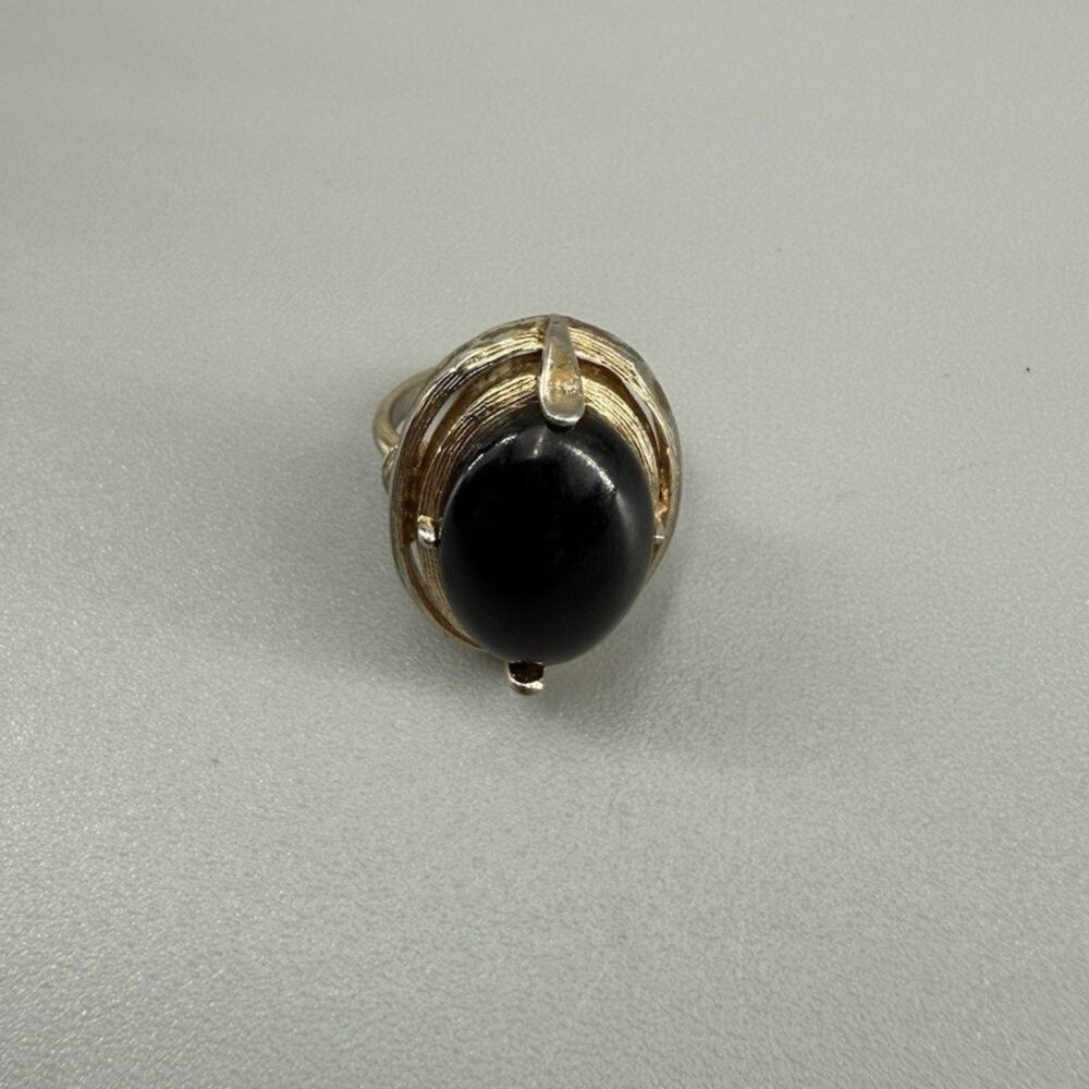 Vintage Coro Adjustable Black Glass Cabochon Gold Tone Mid Century Ring